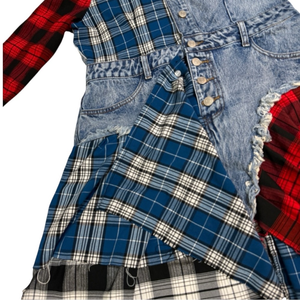 AKIRA Patchwork Plaid Denim Mini Dress - Picture 4 of 12